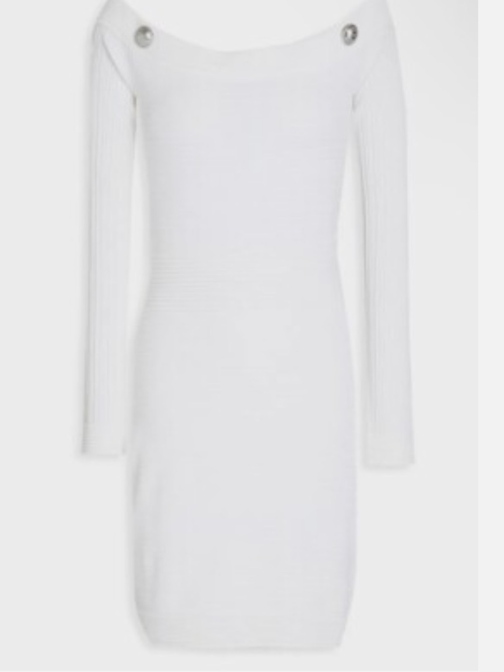Balmain White Off-Shoulder Long Sleeve Knit Dress with Silver Buttons